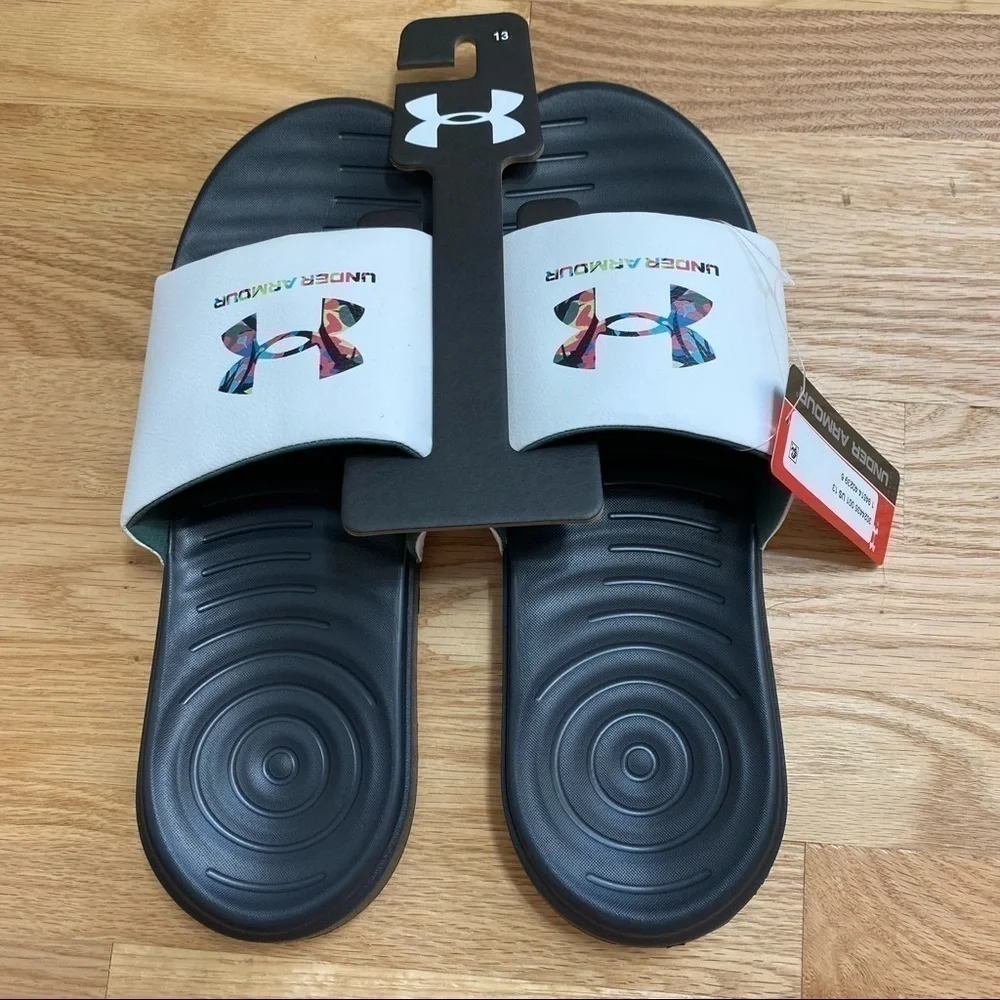 Under Armour Slides Sandals NWT Sz 13 White Multi Color